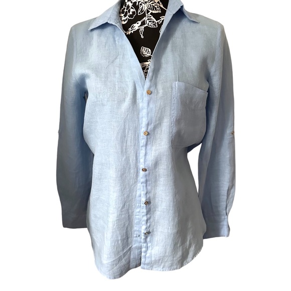 ZARA Linen Top Long Sleeve Button-Up Shirt Light Blue Size XS - Picture 8 of 9